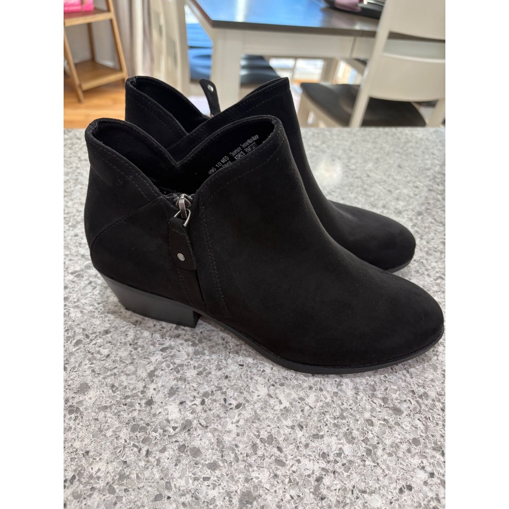 SO Angelfish Black Faux Suede Ankle Boots Memory Foam Block Heel Women 10 M